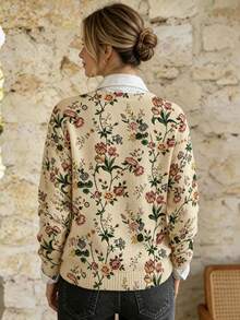ADFHP Women's Sweater, Vintage Multicolor Floral Print V-Neck Button Front Long Sleeve Knit Cardigan, Casual Loose Top For Fall/Winter Social Occasions - Multicolor - View 3