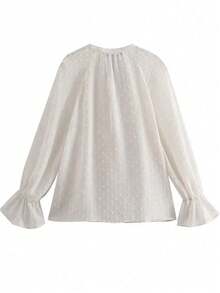 Women's White Bell Sleeve Blouse, Semi-Sheer Regular Fit Top, Suitable For Spring And Autumn - Off White - View 4