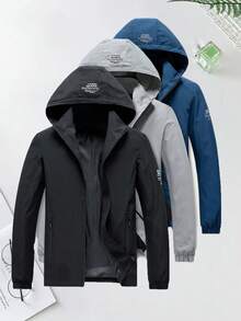 Men's Hooded Windbreaker Jacket, Casual Outdoor Hiking Zip-Up Lightweight Coat - Black - View 2
