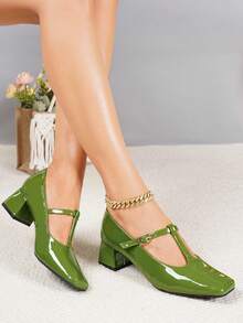 French Style Glossy Square Toe T-Strap Women's Shoes With Adjustable Buckle Design, 4.5cm Chunky Heel, Comfortable For Long Wear, Versatile For Work And Parties - Green - View 2