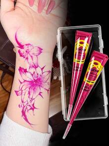 2pcs Rose Pink Nail Art Tattoo Cream With Storage Box, DIY Body Painting Tattoo Ink For Arm, Shoulder, Neck, Collarbone, Back, Semi-Permanent Plant-Based Tattoo Ink - Hot Pink - View 1