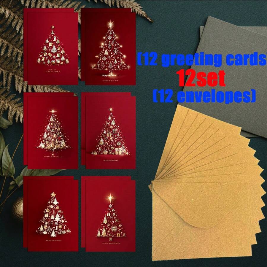 مجموعة بطاقات تهنئة عيد الميلاد مع أظرف - تصميم شجرة عيد الميلاد بخلفية حمراء - مثالية للحفلات وتهاني العطلات والهدايا وأعياد الميلاد وصنع البطاقات الإبداعية