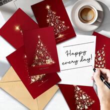 مجموعة بطاقات تهنئة عيد الميلاد مع أظرف - تصميم شجرة عيد الميلاد بخلفية حمراء - مثالية للحفلات وتهاني العطلات والهدايا وأعياد الميلاد وصنع البطاقات الإبداعية - أطقم - مشاهدة 5