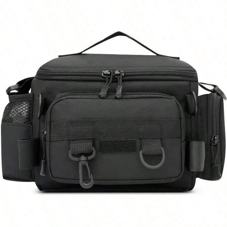 1 pieza Bolsa impermeable multicompartimental para pesca con diseños camuflaje/geométricos y tonos lisos, cierre cremallera + correa de hombro, perfecta para guardar equipo de pesca y campin - Negro - Ver 1