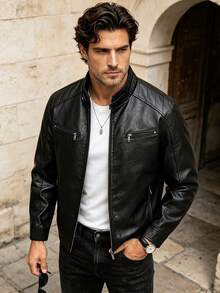 جاكيت جلد بياقة واقفة بتصميم بسيط للرجال لفصل الخريف/الشتاء - الأسود - مشاهدة 4