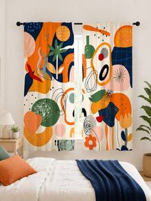 2Pcs Abstract Geometric Art Curtains, Modern Style Color Block Asymmetrical Line Print Pattern, Semi-Sheer Rod Pocket Curtains, Suitable For Living Room And Bedroom, Rod Not Included - Multicolor - View 6