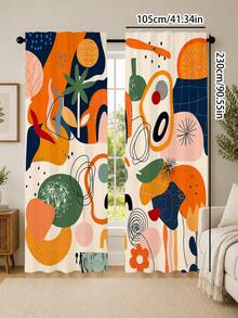 2Pcs Abstract Geometric Art Curtains, Modern Style Color Block Asymmetrical Line Print Pattern, Semi-Sheer Rod Pocket Curtains, Suitable For Living Room And Bedroom, Rod Not Included - Multicolor - View 16