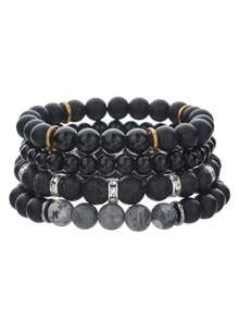 RINTOLER Set de 4 pulseras apilables con cuentas mate para hombres, regalo para el novio - Negro - Ver 6