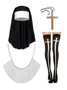 3pcs/Set Nun Costume Set: White Collared Hat,Gold Cross Necklace.Charming Accessories For Halloween,Masquerade,Church,Halloween Costume Accessories - Multicolor - View 9