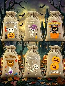 6 Peças Sacos de Juta para Doces de Halloween com Cordões, Pequenos Sacos de Juta, Sacos de Armazenamento de Presentes Mini para Festa de Halloween, Sacos de Presente de Juta, Sacos de Juta Reutilizáveis com Cordões, 6 Estilos Engraçados de Sacos de Juta com Cordões de Desenho Animado de Halloween Adequados para Doces de Halloween, Presentes de Festa e Pequenos Presentes, Suprimentos para Festa de Halloween, Doces ou Travessuras. - A - Visão 4