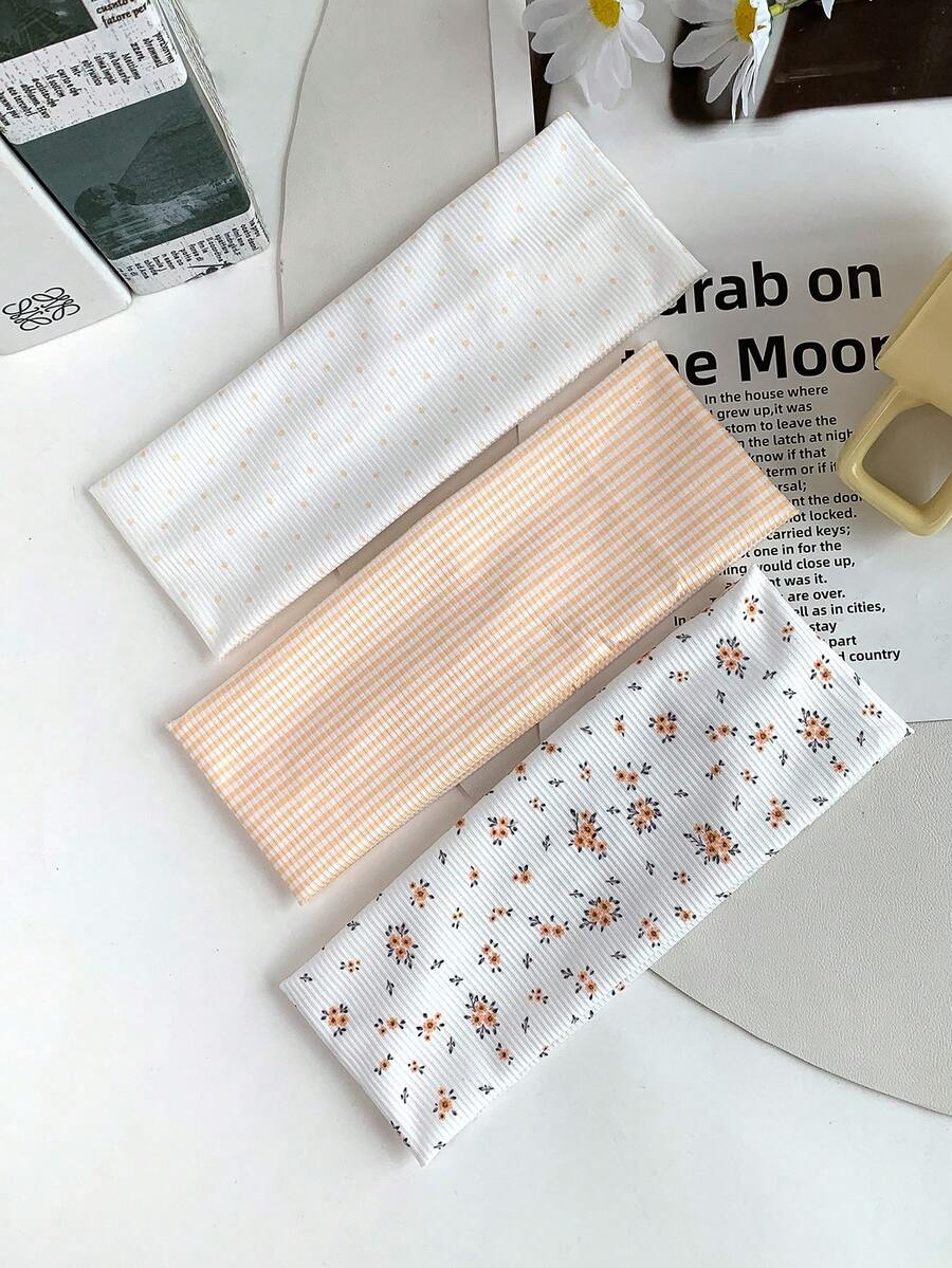 2/3/4PCS Japanese Style Gentle Orange Floral Plaid Polka Dot Print Wide Headband, Breathable Skin-Friendly Home Wear Fresh Youthful Daily Styling Accessory - Multicolor - View 1