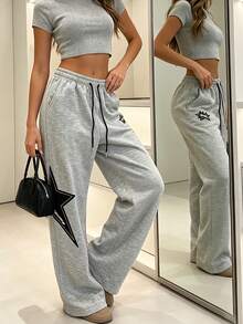 Women's Star Patchwork Drawstring Sweatpants, Spring Casual Jogging Pants, Loose Fit, Running Fitness Multi-Purpose Long Pants - Grey - View 2