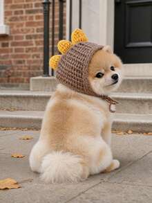 1PC Pet Accessory Autumn/Winter Small Dog Puppy Cat Cute Versatile Lightweight Breathable Dinosaur Knitted Hat - Coffee - Brown - View 1