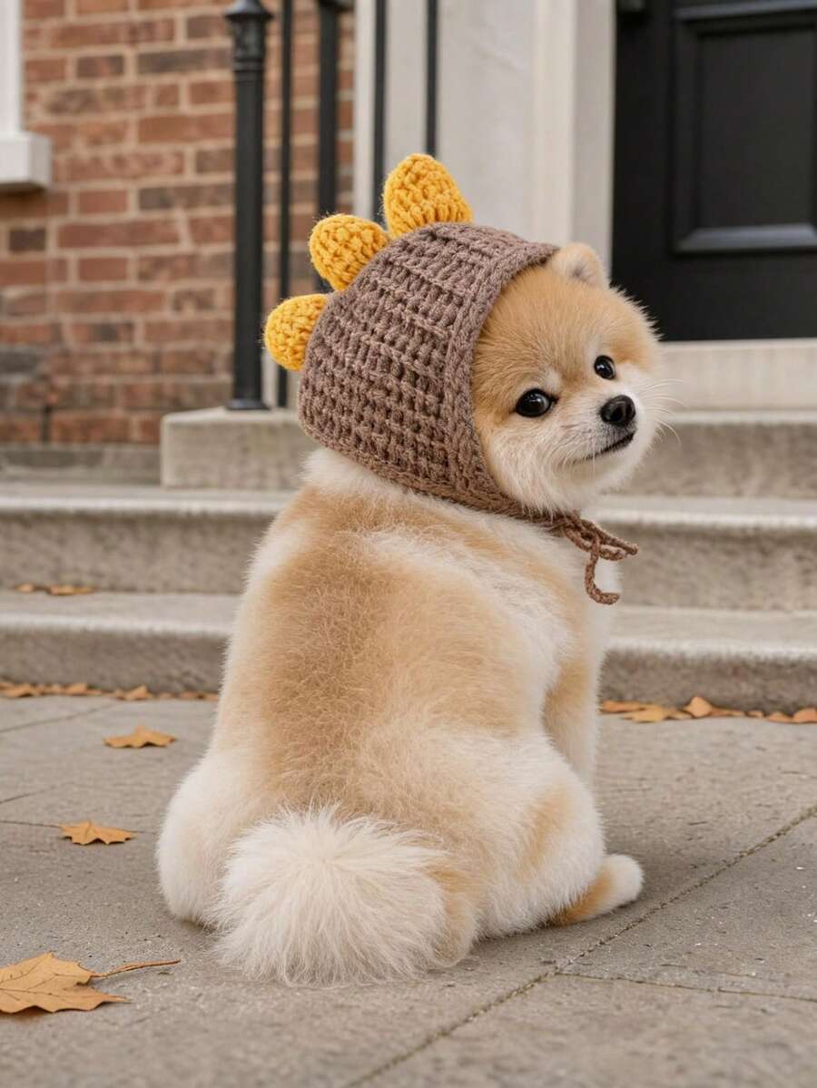 1PC Pet Accessory Autumn/Winter Small Dog Puppy Cat Cute Versatile Lightweight Breathable Dinosaur Knitted Hat - Coffee - Brown - View 1