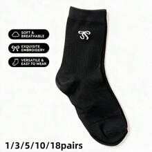 1/3/5/10/18 Pairs Women's Cute Bow Embroidery Mid-Calf Socks, Soft And Breathable, Non-Binding, Suitable For Daily Sports And Casual Wear - Black - View 5