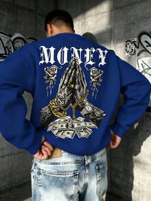 Klein Blue American Hip Hop Prayer Hands & Money Rose Print Fashion Long Sleeve Plus Size Men's Crew Neck Sweatshirt - Blue - View 1