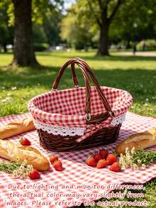1pc Handwoven Wicker Picnic Basket With Lace Bow Decor Lined Fabric Lining Multi Style Red Gingham Check Pattern Portable Basket With Handle For Outdoor Picnic Camping - Multiple Styles - View 18