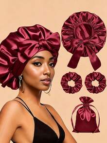 4pcs/Set Silky Elastic Bow Sleep Cap Set, Includes 1pc Sleep Cap, 2pcs Hair Scrunchies And 1pc Storage Bag, Can Be Used As Sleep Cap Or Shower Cap, Suitable For All Seasons (Optional 4pcs/Set Or 1pc/Set) - Multicolor - View 1
