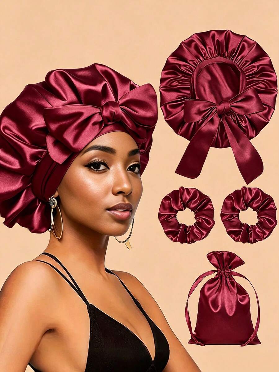 4pcs/Set Silky Elastic Bow Sleep Cap Set, Includes 1pc Sleep Cap, 2pcs Hair Scrunchies And 1pc Storage Bag, Can Be Used As Sleep Cap Or Shower Cap, Suitable For All Seasons (Optional 4pcs/Set Or 1pc/Set) - Multicolor - View 1