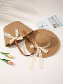 Sombrero + Bolso, Adecuado para Uso en Vacaciones - Caqui - Ver 2