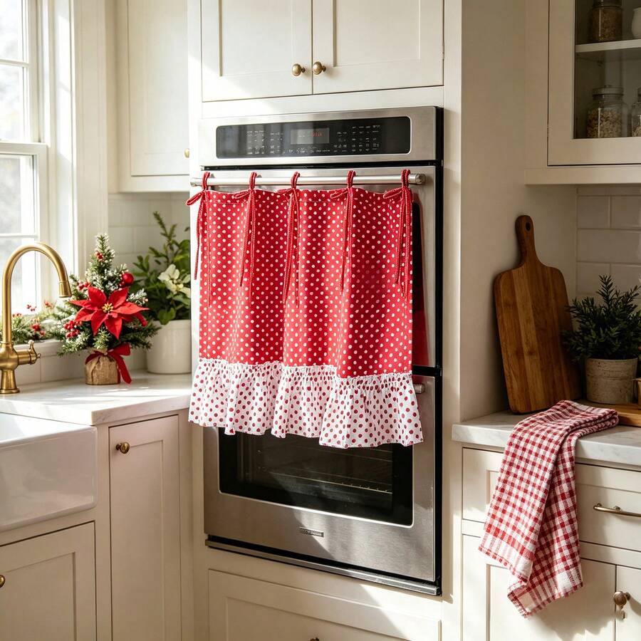 1Pc,Oven Skirt With Red Curtains With White Dot Cotton Cloth Pleated Skirt, Lace-Up Bowknot Trim, Pockets, Suitable For Placing Kitchen Utensils Or Organizing Small Items,DIY Apron,Multi-Functional Stove Protective Curtain, Cafe Small Window Curtain - Red - View 1