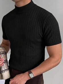 Solid Color Half-High Neck Vertical Stripe Short Sleeve Knit Pullover Top Men's Casual Slim Fit - Black - View 3