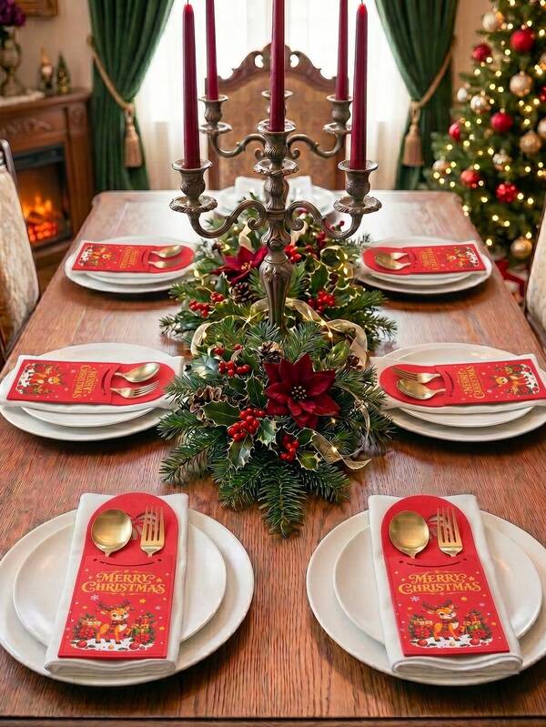 5Pcs Red Christmas Felt Cutlery Bags With Reindeer, Christmas Bells, Gift Box Pattern And Merry Christmas Text Design, Christmas Cutlery Pouches Set, Utensil Holders, Silverware Holders, Candy Packaging Bags, Merry Christmas Decoration, Xmas Decoration, Christmas Eve Decoration, Holiday Party Table Decor, Christmas Tableware Decoration Accessories, Kitchen Supplies, Winter Home Decor, Christmas Gift
