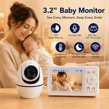 Monitor Bayi dengan Layar LCD 3,2 inci, Kamera PTZ yang Dapat Diputar, Mode VOX, Tidak Membutuhkan WiFi dan Aplikasi, Penglihatan Malam Inframerah, Komunikasi Dua Arah, Monitor Video Lagu Pengantar Tidur - Putih - View 1