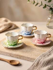 DearDali 2pcs (1cup+1saucer) 80ML Gradient Gold Rim Petal Ceramic Cup And Saucer Set, French Style Teacup, Luxury Porcelain Cup, Exquisite Lace Tableware, Arabic Coffee Cup, Suitable For Coffee Or Tea, Fun Gift Cup For Friends - Multicolor - View 6