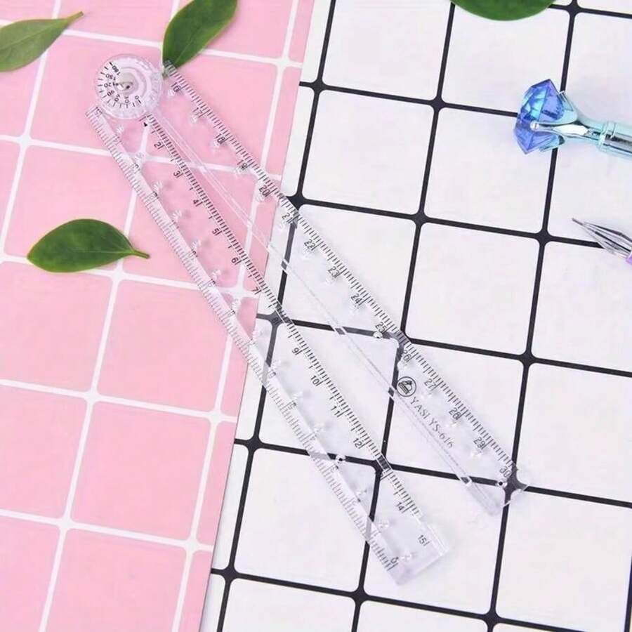 1pc Rotatable Folding Geometric Ruler, Transparent Plastic Multi‑Angle Drawing Ruler, Student Math Measuring Stationery Supplies - Color Style Randomized - View 1