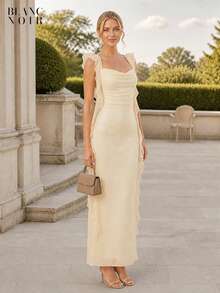 Cream| Women's Elegant Cream Sequin Mesh Ruffle Trim Bodycon Maxi Dress - 奶油色 - 查看 12