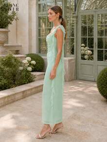 Ellow| Women's Elegant Yellow Sequin Mesh Ruffle Trim Bodycon Maxi Dress - 淺綠色 - 查看 3