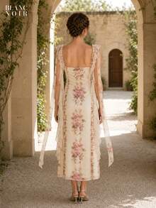 Cream Floral Print |   Women's Elegant Cream Floral Print Sequin Mesh Ruffle Trim Bodycon Maxi Dress - 奶油花卉 - 查看 4