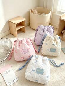 Cute Bowknot Quilted Drawstring Bag, Soft Fabric Portable Storage Pouch, Suitable For Baby Small Items, Cosmetics - View 4
