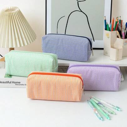 1pc Makeup Bag Student Pencil Case Polyester Fabric Bubble Crepe Solid Color Striped Minimalist Zipper Closure Portable Travel Business Trip Home Universal All Season Suitable For Students, Makeup Brushes Eyebrow Pencils Eyeshadow Storage Bag Unisex Holiday Gift