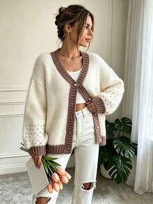 Women's French Minimalist Contrast V-Neck Long Sleeve Knit Cardigan – Fall/Winter Home Casual Fashion Versatile Loose Drop Shoulder Sweater Coat - White - View 7