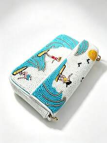 Tidet Ever Women's Summer Beach Handmade Beaded Shoulder Handbag, White Surf Wave Pattern, Crossbody Bag, Bohemian Style, Fashion Casual Daily Wear - Blue and White - View 4