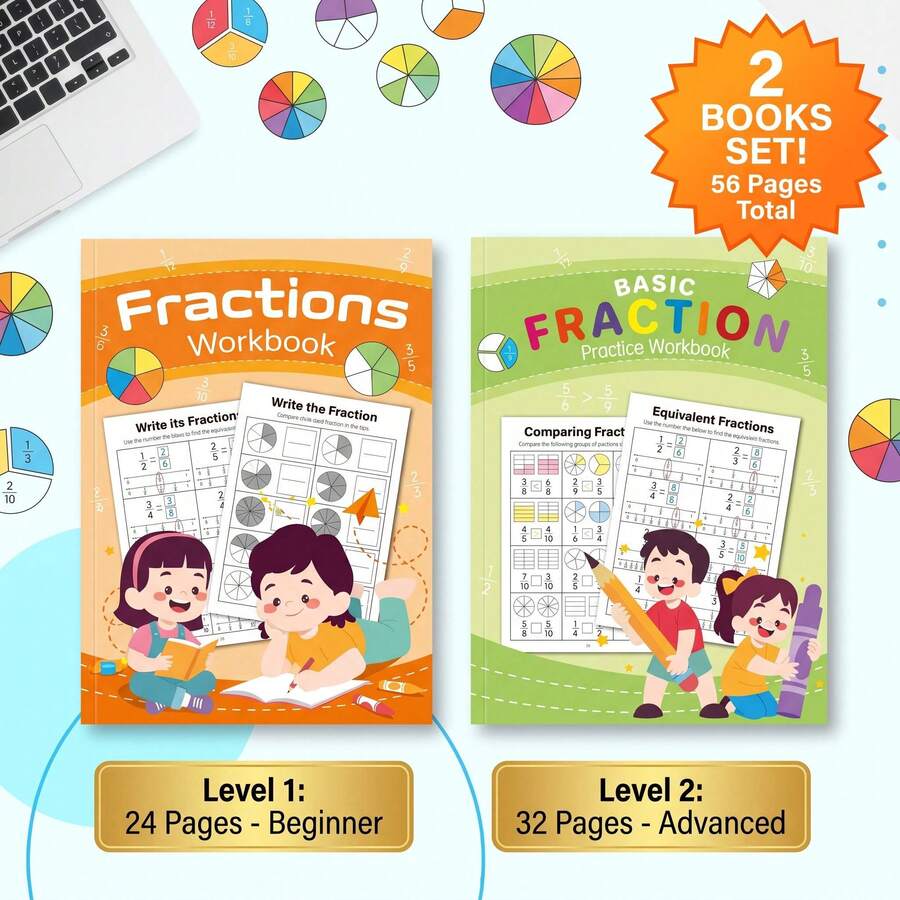 Basic Fractions Workbooks For Kids (2 Levels:24+32 Pages) - Visual Fraction Coloring & Matching,Equivalent & Comparing Fractions,Number Lines Worksheets,Elementary Math Activities,Back To School Supplies,Homeschool Teaching Aids,Grades 2-5,Classrooms
