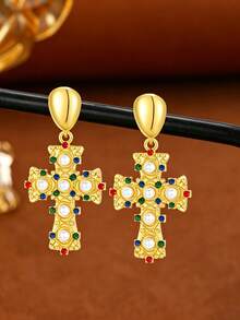 1pair Y2K Colorful Cubic Zirconia Chunky Cross Shape Pendant Earrings For Women,Luxury Vintage Earring Jewelry For Wedding/Vacation/Christmas Day - Large Cross Earrings - View 1