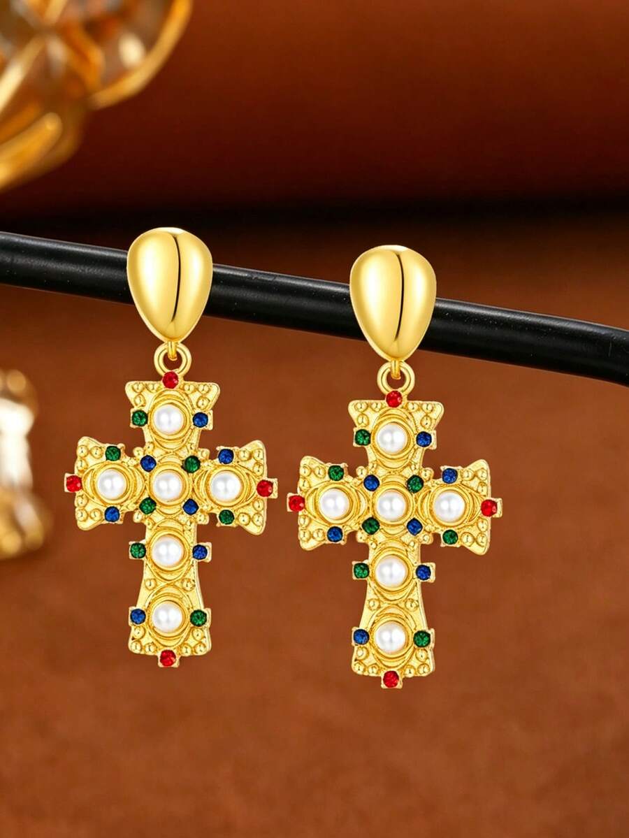 1pair Y2K Colorful Cubic Zirconia Chunky Cross Shape Pendant Earrings For Women,Luxury Vintage Earring Jewelry For Wedding/Vacation/Christmas Day - Large Cross Earrings - View 1