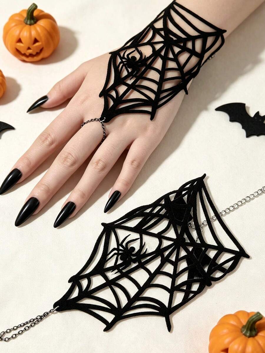 1pc Spider Web Hollow Fashion Short Gloves, Halloween Creative Spider Gloves, Elegant Fashion Gloves - Black - View 1