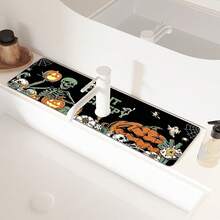 1pc Halloween Pumpkin Skull Pattern Rubber Faucet Splash Guard, Bathroom Faucet Splash Guard, Mud Guard, Moisture-Proof Anti-Slip Faucet Pad, Kitchen Countertop Accessory. Protect Your Kitchen Countertop. - Multicolor - View 3