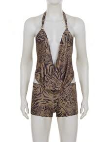 Women's Leopard Print 2-Piece Set, Sexy Spaghetti Strap Deep V-Neck Backless Crop Top + Low Waist Shorts, 2-Piece Summer Outfit Brown Elegant - Brown - View 9