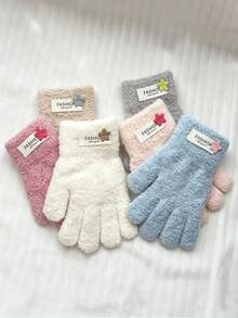 Children's 5-Finger Divided Gloves, Autumn/Winter, Unisex Baby Student Versatile Style, Five-Point Star Fabric Label Decor Gloves - Multicolor - View 1