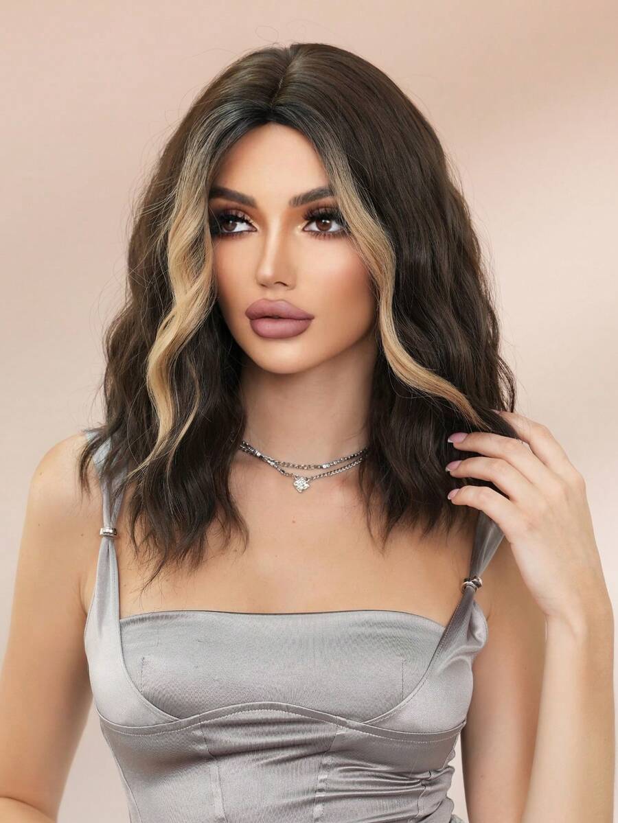 NAMM Black Highlight Beige Bob Wig For Women Short Curly Wavy Middle Part Wig, Heat-Resistant Fiber Synthetic Fluffy Costume Wig For Carnival Party Wera, Halloween Cosplay Use 14 Inch ( Copper Brown )
