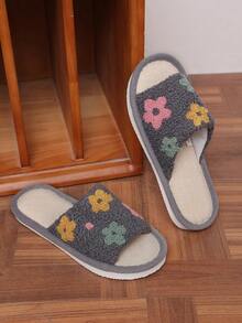 可愛刺繡花卉女款毛絨室內拖鞋，春夏秋適用，麻底開趾套腳透氣居家拖鞋 - 灰色 - 查看 8