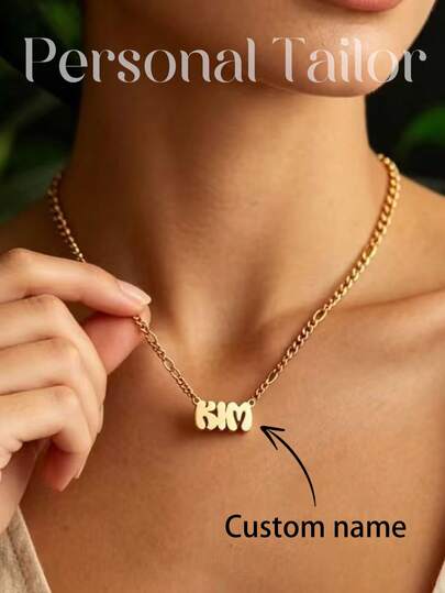 1pc Customized Name Gold Necklace, Personalized Super Cute Letter Name Necklace, Stainless Steel Bubble-Shaped Nameplate Figaro Chain Necklace, Cute Minimalist Jewelry, Best Gift For Her, Birthday Gift, Christmas Gift, Thanksgiving Gift