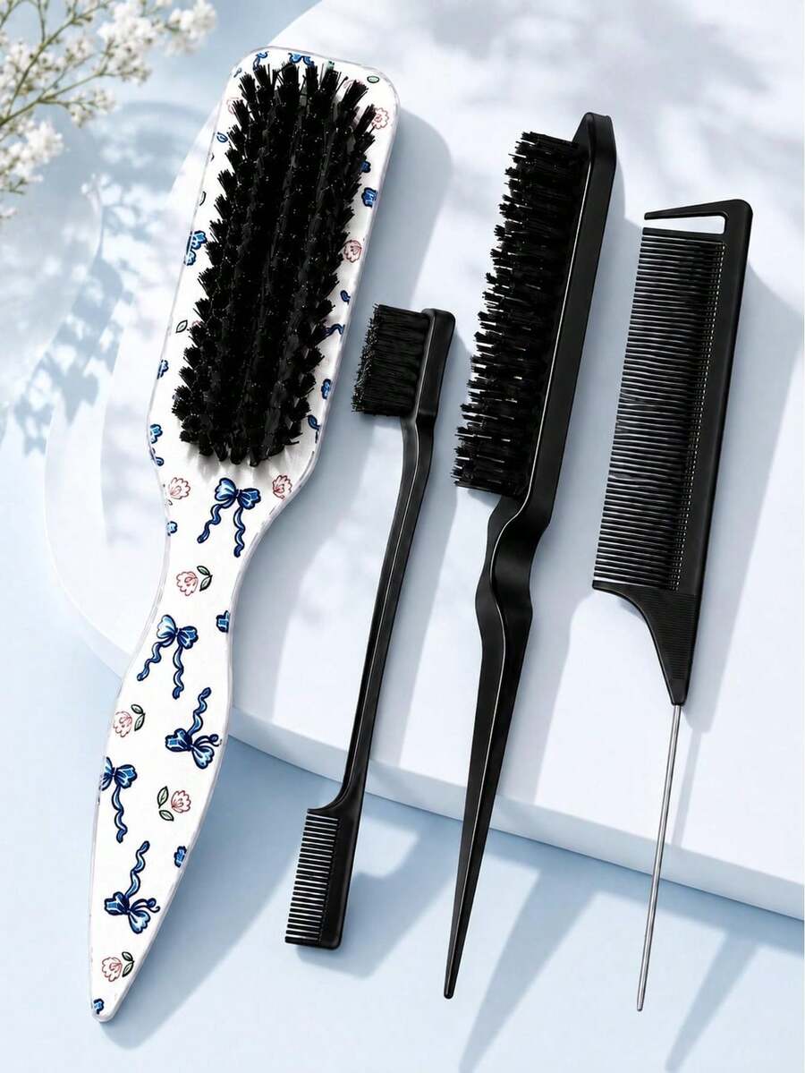 4/1pc Unscented Smooth Back Comb, Bow Pattern Unisex Hair Brush/Beard Brush, Hair Accessory, Suitable For Creating Smooth Ponytail And Bun, Smoothing Frizz, Controlling Hairline, Back Combing For Voluminous Styling, Wide-Tooth Comb For Easy Hair Parting And Sectioning - Multicolor - View 1