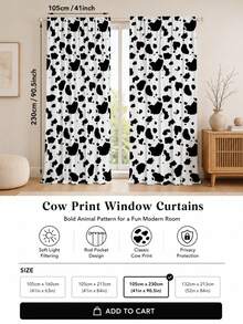 NOSBEI 1 Set Of 2 Pieces, White And Brown Cow Print Rustic Farmhouse Curtains, Faux Leather Texture, Semi-Sheer Privacy Protection, Bedroom/Living Room Decor - Black and White - View 11