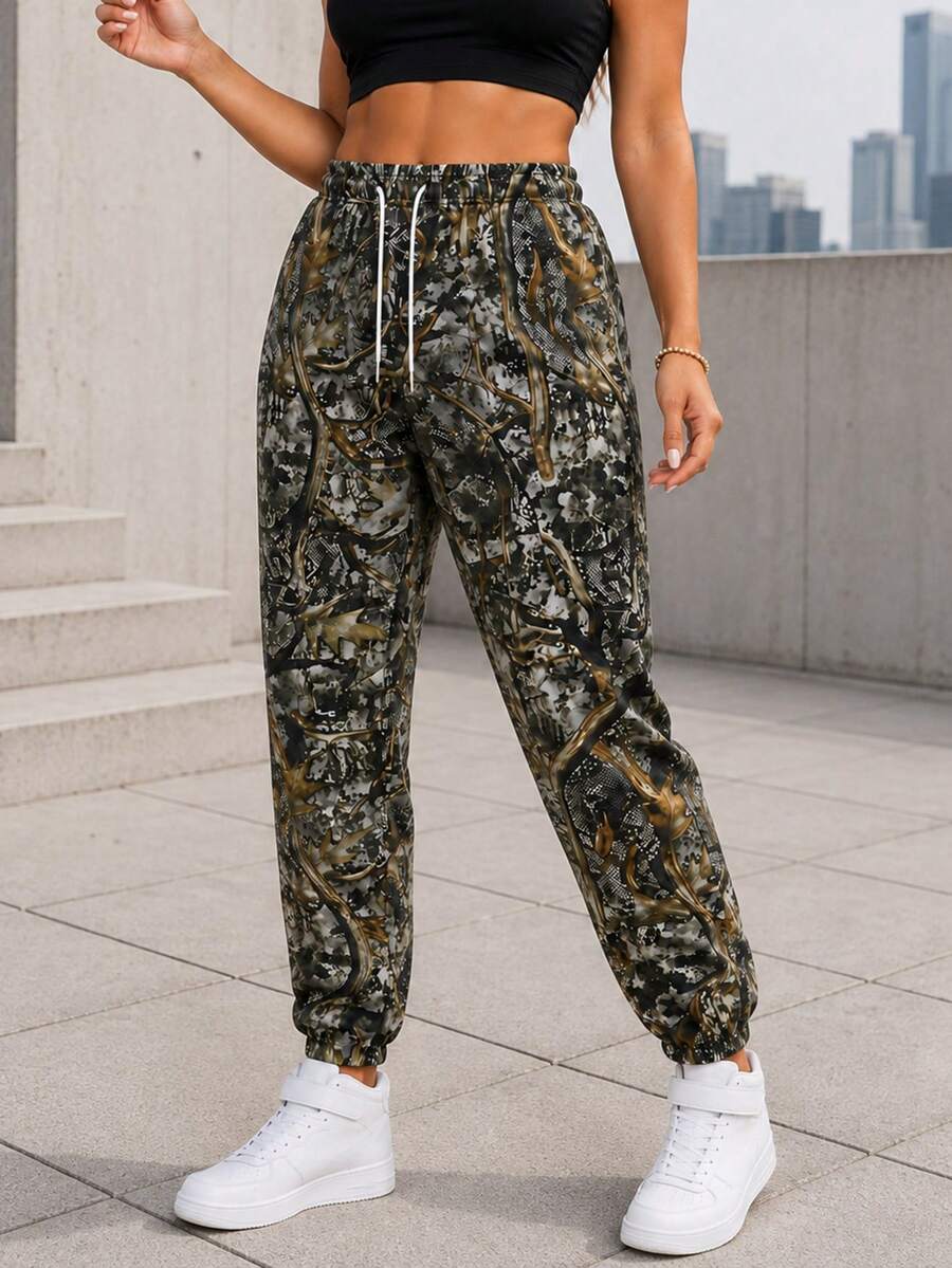 Women's Camo Jogger Pants, Adjustable Drawstring Elastic Waist, Relaxed Fit, Elastic Cuffs, Casual Outdoor Trousers - Grey - View 1